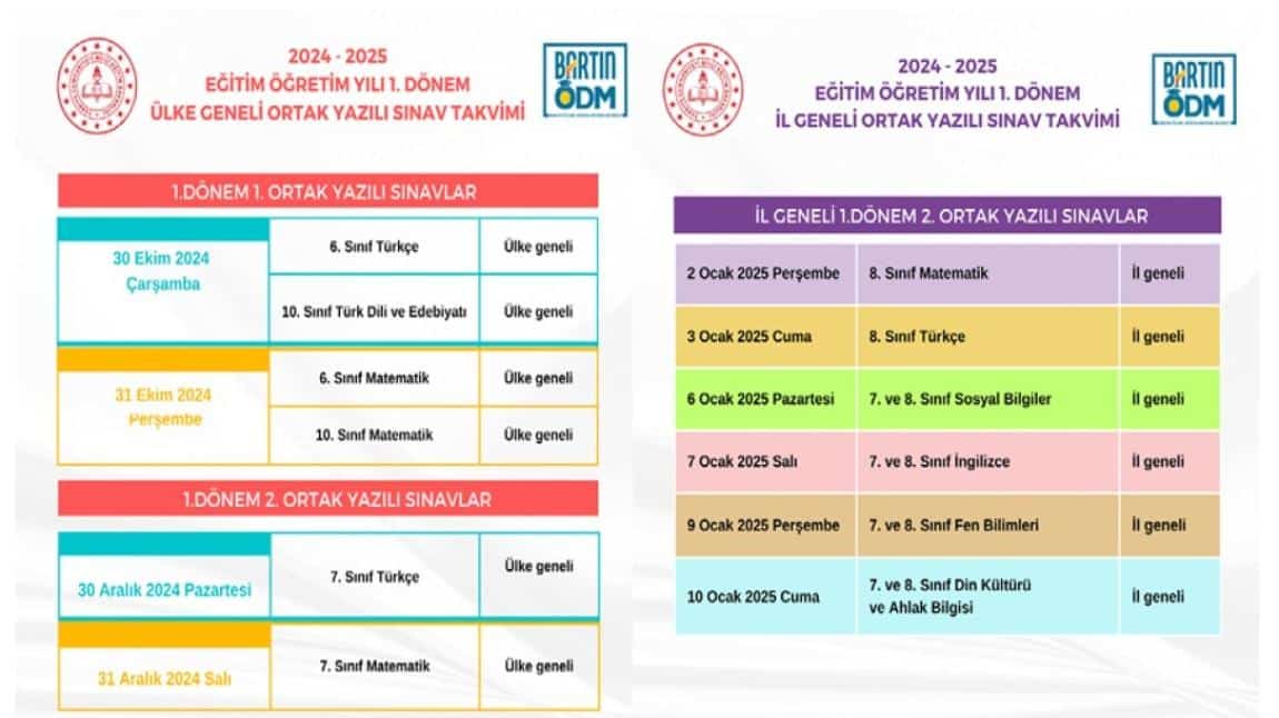 Ülke ve İl Geneli Ortak yazılı Sınav Takvimi Yayımlandı